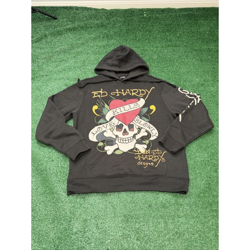 Ed Hardy Heart Skull‎ Hoodie Tattoo Panther Charcoal Gray Men's SZ Medium